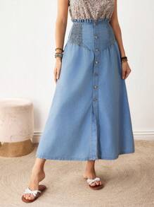EMERY ROSE Women's Casual Paper Bag Waist Single Breasted Open Front Denim A-Line Skirt - Blue - View 6