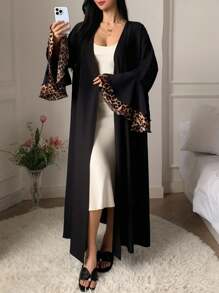 DAZY Leopard Print Patchwork Ruffled Flare Sleeve Long Loose Women's Bathrobe Pajama - Black - View 6