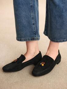 Rosivie 女士方头舒适休闲日常百搭黑色法式优雅平底乐福鞋 - 黑色 - 查看 9