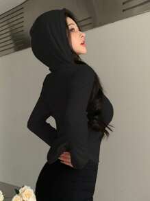 DAZY Women Solid Color Long Sleeve Hooded Fitted T-Shirt, Autumn