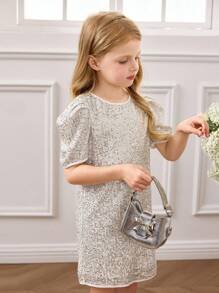 Young Girl Elegant Cute Silver Sequin Short Sleeve Dress Girls Sequin Dress Girls Glitter Dress Girls Shimmer Dress Kids Sequin Dress Girls Silver Dress Halloween Dress Christmas Dress Birthday Dress