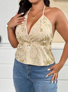 Calvaya Camiseta y top sin espalda con lentejuelas de unicolor para mujer de talla grande, adecuado para fiestas - Dorado - Ver 3