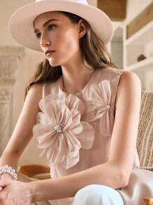 Arave Women's Oganza Sleeveless Commuter Casual Vacation Asymmetric Hem Short 3d Floral Design Crop Top ,Babydoll Top,Back To School Clothes,Vacation Outfits Women,Birthday Outfits For Women