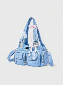 ROMWE Grunge Punk 新款 Rocker Chic 单肩包，女式深色朋克摩托车手提包