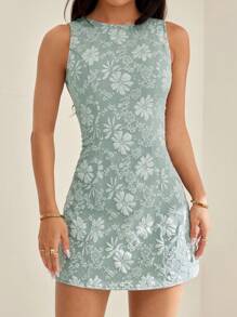 SHEIN PETITE 复古优雅度假提花无袖迷你紧身连衣裙，绿色 - 薄荷綠 - 查看 5