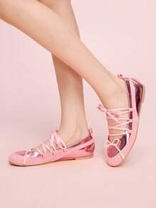 CUCCOO DOLLMOD 女士平底珍珠装饰绒面革混色金属鹿图案玛丽珍鞋，春秋浪漫时尚 - 粉色 - 查看 5