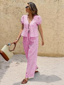 SHEIN Frenchy Set de 2 piezas de Mujer Verano Casual Top de manga abullonada a rayas y Pantalones