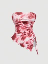 SHEIN MOD Tube Top With Side Drawstrings, Asymmetrical Hem, Retro Printed Tube Top, Autumn Top, Top, Going Out Top, Tight Top,Wrap Top