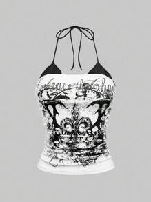 ROMWE 2pcs/Set American Vintage Cherry Print & Punk Vine Print Contrast Lace Halter Neck Bodycon Tank Top - Multicolor - View 7