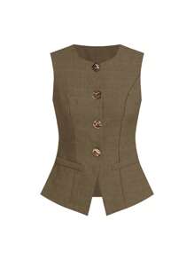 Ellevyn French Style Women Sleeveless Vest With Metal Button Shirt For Work Brown Blouse Business Casual - Brown - View 6