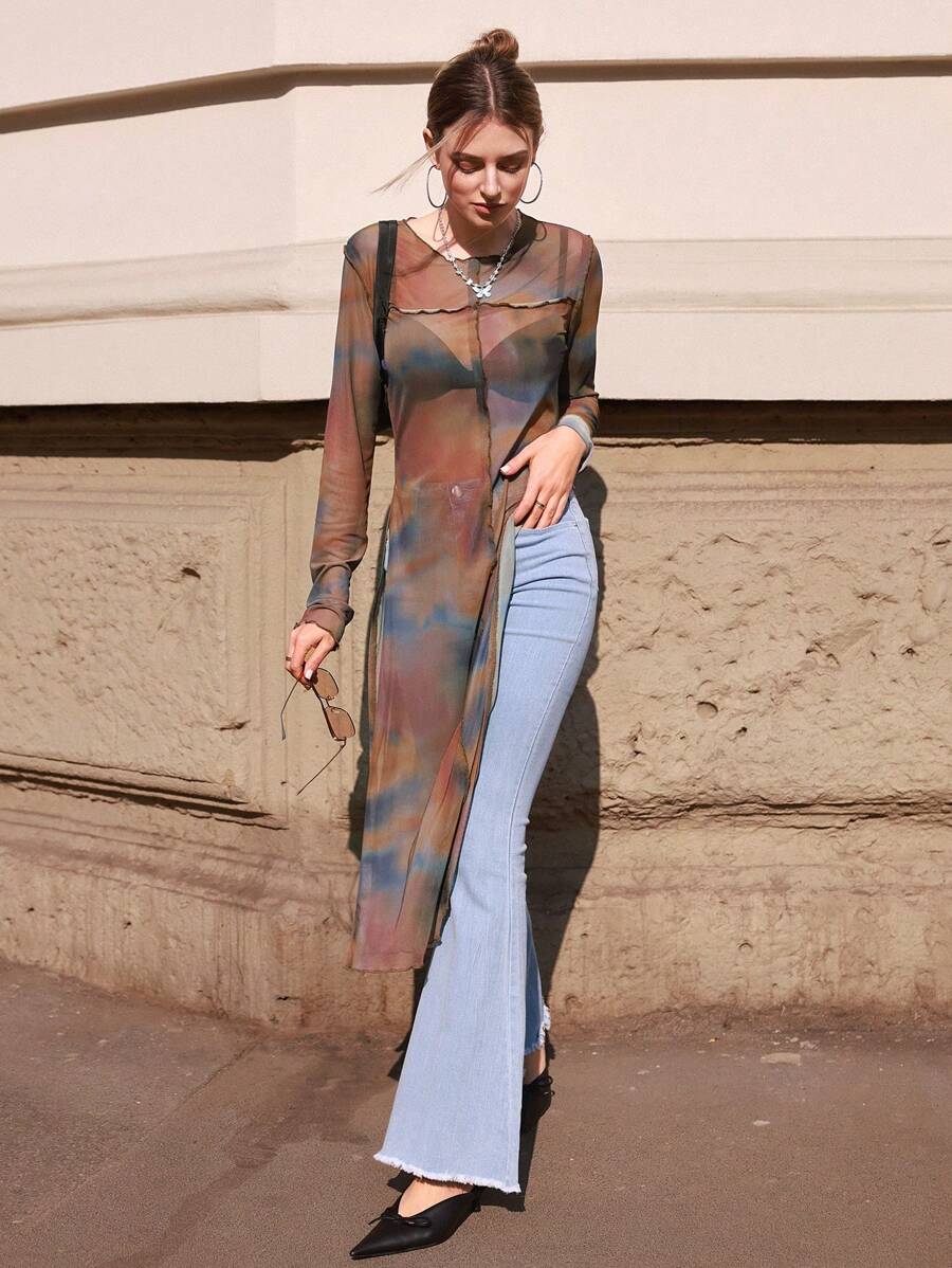 DAZY 扎染开叉下摆网眼上衣（不带胸罩）外出上衣透明秋季服装长袖女式上衣 - 彩色 - 查看 1