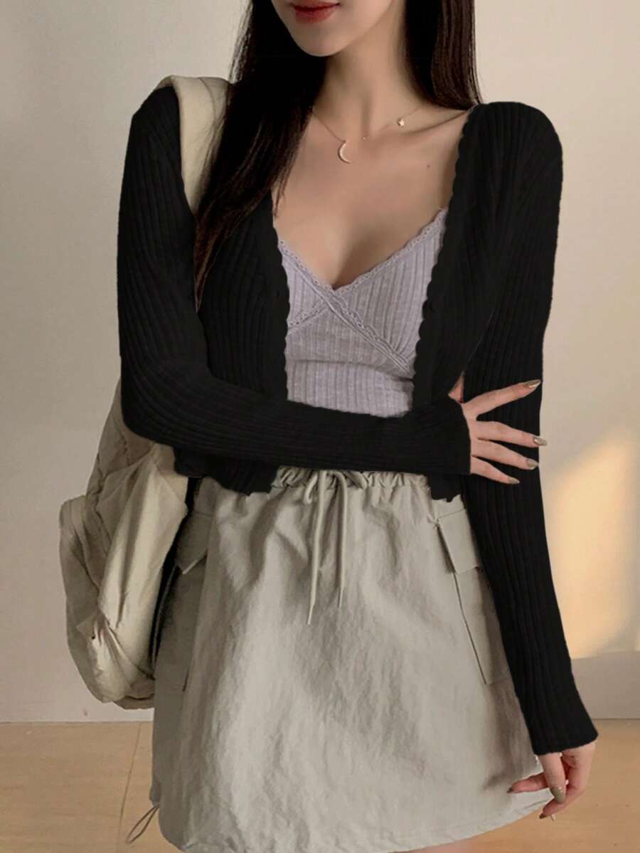 DAZY Áo cardigan dáng rộng dành cho nữ có mặt trước hở - màu đen - Xem 1