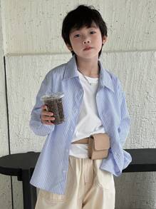 Dazy Kids 青少年男童长袖条纹纽扣翻领衬衫，秋季童装，返校服 - 藍色 - 查看 9