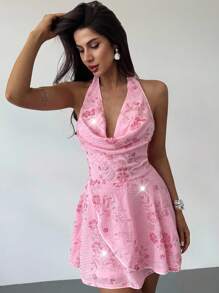 Firerie Women's Pink Floral Sequin Dress,Summer Girly Night Out Bodycon Backless Draped Neck Beaded Floral Embroidery Elegant Party Music Festival Dress - Pink - View 8