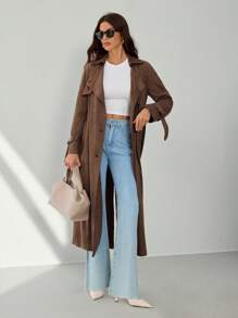 SHEIN Tall Women Casual & Commute Minimalist Elegant Long Trench Coat,Fall Women Clothes - Brown - View 5