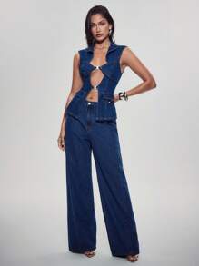 Denimoi Top de mezclilla sin mangas con cuello, detalles de hebilla, mezclilla sobre mezclilla, top de mezclilla sin mangas, top de mezclilla con cintura ceñida, top ceñido a la cintura, de moda, top con recortes, blusas sexys, moda para mujer - Azul lavado medio - Ver 3