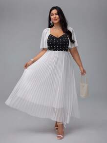 SHEIN MOOSTA Đầm dài xếp ly eo tối giản in họa tiết chấm bi cỡ lớn cho nữ tay áo raglan cổ điển lãng mạn - Đen và trắng - Xem 1