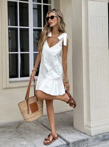 Serisse Women's Vacation Shoulder Bowknot Sleeveless Elegant Romantic Patchwork Ruffle Hem Floral Embroidery Fabric Back Deep V Loose A Fit Short Dresses Summer Outfits For Women Summer Dresses For Women Spring Outfits For Women Vacation Outfits Woman Vacation Outfits Women Wedding Guest Dress Women Summer Clothes Dresses For Women Elegant Birthday Dresses For Women Vacation Dress Fairycore Ruffle Dress European Summer,Backless Dress New Year Party White Beach Holiday Resort