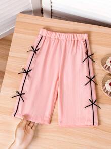 SHEIN Playful Pals Pantaloni lunghi eleganti da bambina in rosa tinta unita con fiocco nero, set estivo
