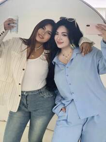 Dazy Plus 2pcs/Set High-End Blouse Top & Fashion Casual Pants, Plus Size Ladies Set