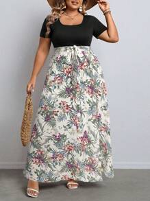 SHEIN VCAY Plus Size Women Vacation Tropical Plant Print Side Slit Hem Short Sleeve Casual Dress