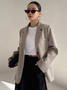 DAZY Chaqueta de traje ancha de unicolor con bolsillos para mujer, ropa de negocios de otoño - Marrón Chocolate - Ver 9