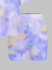 SHEIN 青少年女孩休闲宽松短袖 T 恤和紧身裤两件套，适合夏季 - 彩色 - 查看 5