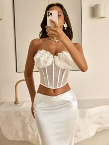 Vowa Vestido minifaldero blanco, de estilo de top de sujetador, de malla brillante y tejido de malla, con diseño floral 3D, de vanguardia, sexy y de moda, apto para discotecas, fiestas, vacaciones y cócteles.