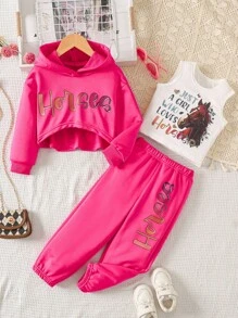 Girls Spring/Autumn Hoodie Outfit - Letter Print Hoodie, Pony Print Vest, Letter Print Pants, Fashionable Korean Style Casual Suit For Toddlers - Multicolor - View 3