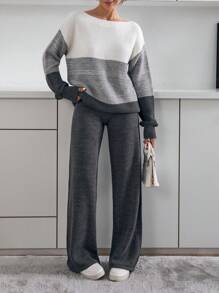 EURMUSE Casual Crew Neck Drop Shoulder Color Block Cozy Sweater Pullover & Wide Leg High Waist Solid Color Knitted Pants 2 Pieces Set For Fall Winter Outfits,Petite - Grey - View 1