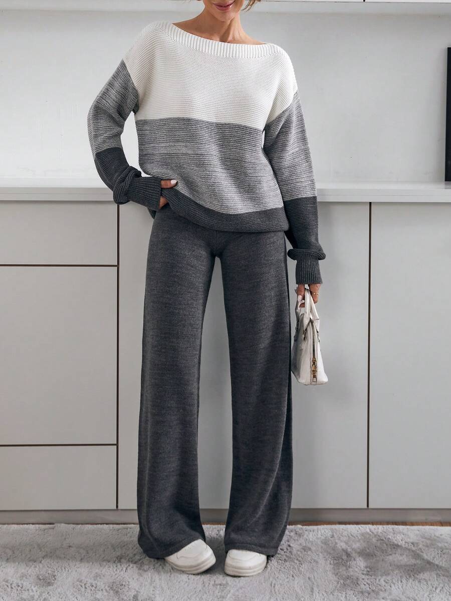 EURMUSE Casual Crew Neck Drop Shoulder Color Block Cozy Sweater Pullover & Wide Leg High Waist Solid Color Knitted Pants 2 Pieces Set For Fall Winter Outfits,Petite - Grey - View 1