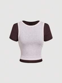 SHEIN MOD Camiseta ajustada de 2 en 1 rosa y marrón con diseño de patchwork, ropa de vuelta al colegio, para el aeropuerto - Multicolor - Ver 1