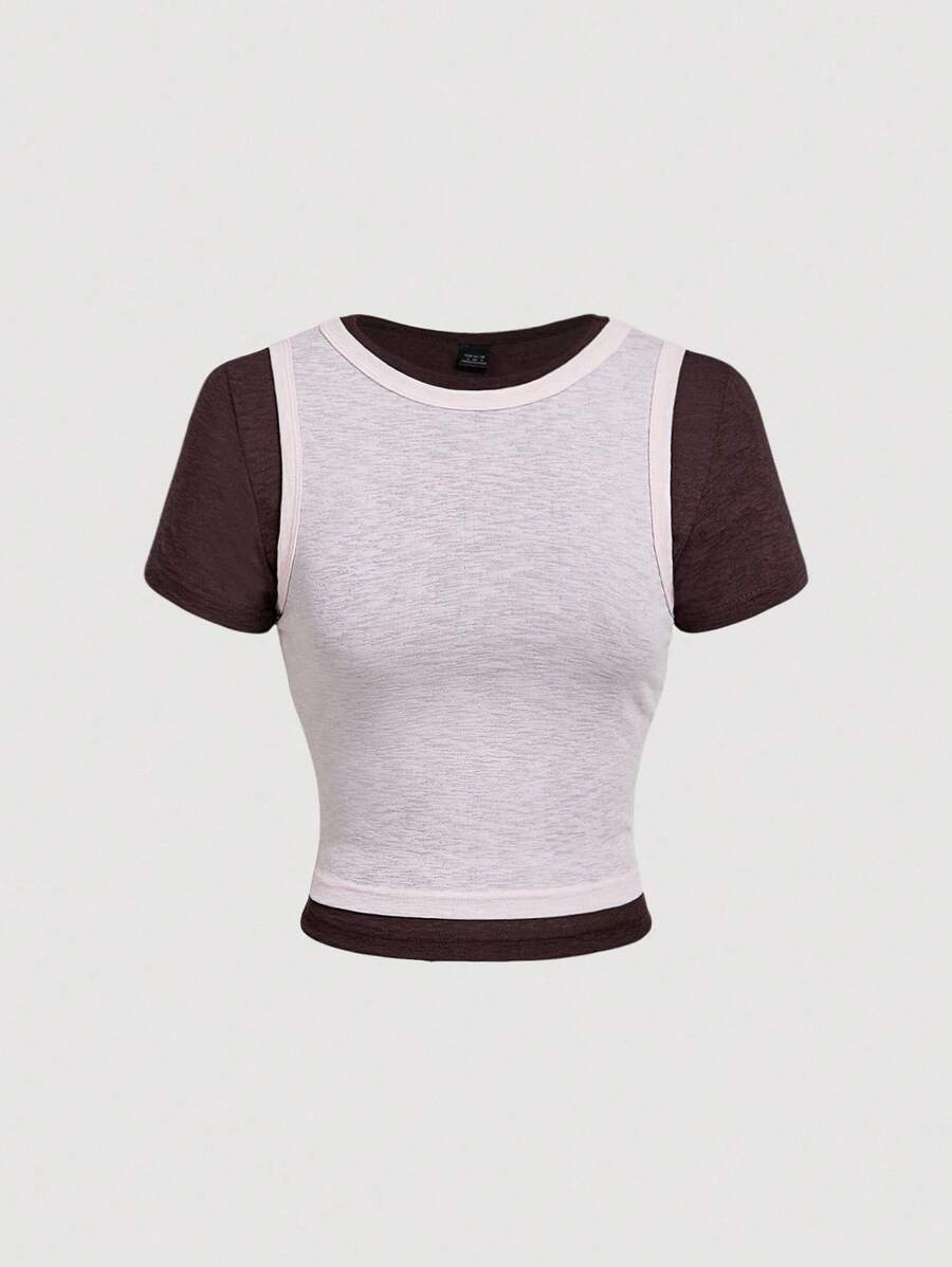 SHEIN MOD Camiseta ajustada de 2 en 1 rosa y marrón con diseño de patchwork, ropa de vuelta al colegio, para el aeropuerto - Multicolor - Ver 1