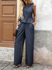 EMERY ROSE Women's Ruffle Hem Round Neck Sleeveless Top And Denim Pants 2 Piece Set