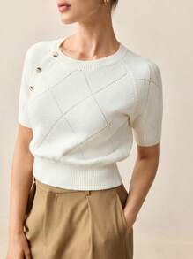 BizChic Women's Solid Color Round Neck Short Sleeve Single-Breasted Knit Top, Urban Commute Business Casual Basic Blouse, Elegant Outerwear In Fall/Winter - White - View 7