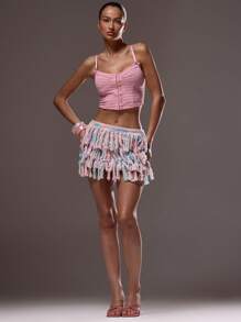 MUSERA 荷叶边针织多层迷你裙，适合夏季伊比沙岛、Y2K 酷女孩、音乐节、锐舞派对、度假俱乐部、可爱海滩、生日派对、春假、嘉年华、复活节等场合。 - 粉色 - 查看 5