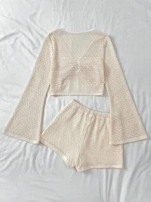 SHEIN Conjunto de 2 piezas para adolescentes con top de mangas abullonadas y shorts mini con lazo y ajuste delgado, de estilo hueco, ideal para verano, vacaciones, citas, tarde de té, festivales, festivales de música, estilo bohemio
