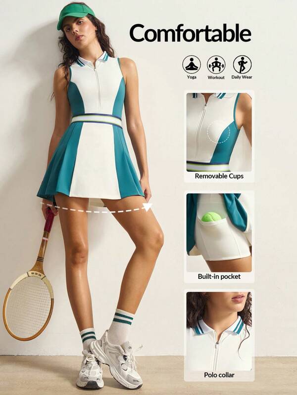 VARSITIE Women's Striped Zipper Half Placket Sleeveless Sports Dress Sporty Dress Tennis Dress