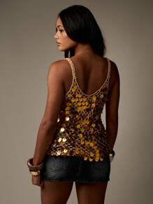 MISSGUIDED Top de punto tipo cubrecostillas para la playa con lentejuelas metálicas, para vacaciones, resort y uso en la piscina en verano - Caqui - Ver 2