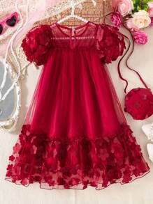 Vestido de fantasía con volantes y flores, elegante y casual, decorado con mochila, adecuado para fiestas, salidas, verano