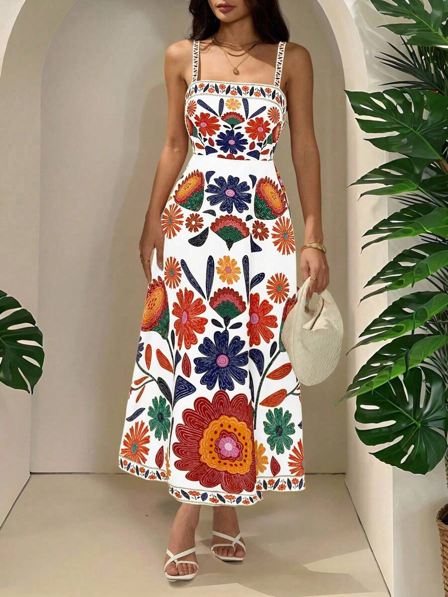 SHEIN PETITE Váy suông họa tiết hoa chữ A không tay cạp chun cho nữ đi nghỉ thường ngày, Xuân/Hè - trắng - Xem 1