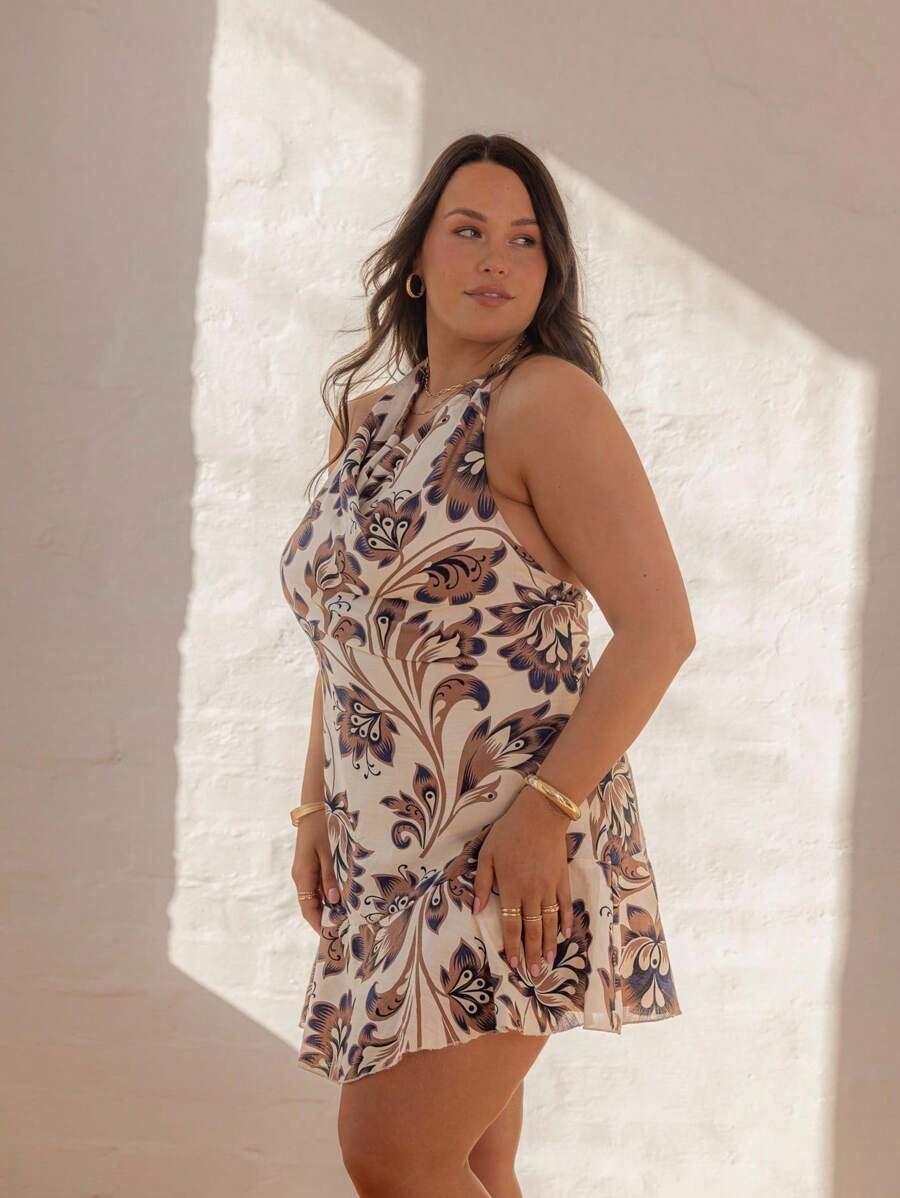 SHEIN Aralina-E Đầm ngắn cổ yếm hở vai phía trước kiểu dáng retro loe viền trang phục đi nghỉ cho nữ - Màu vàng - Xem 1