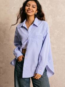 Easelle 女士休闲宽松经典蓝色条纹长袖衬衫 - 藍白色 - 查看 1