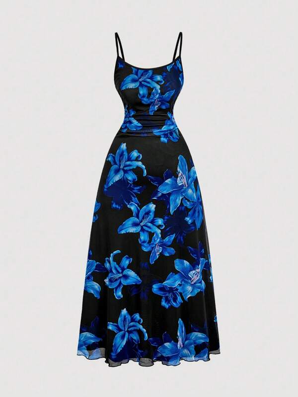 SHEIN MOD Plus Size Retro Navy Blue & Burgundy Plus Size Floral Pattern Elegant Mesh Strap Dress Blue Lily Print Dress