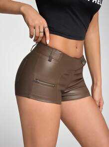 SHEIN EZwear 女士时尚纯色低腰修身短裤，夏季 - 棕色 - 查看 4