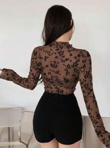 DAZY Women's Plant Pattern Mesh Long Sleeve Top Going Out Tops Sheer Crop Women Tops