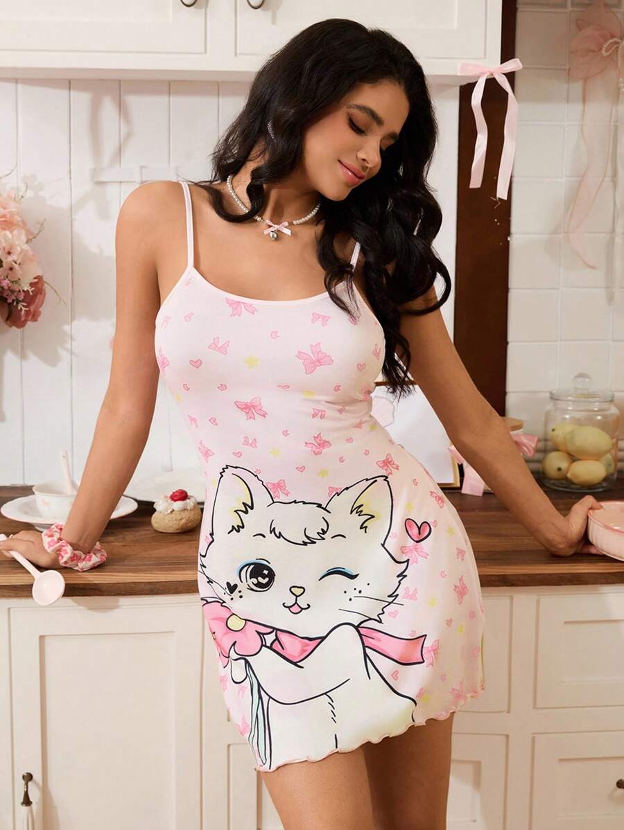 Vestido feminino com estampa de gato e desenho animado