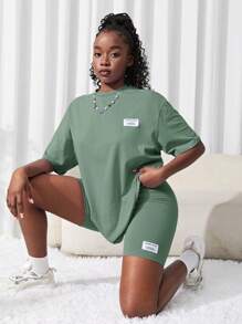 SHEIN 2pcs/Set Teen Girl Knit Solid Color Short Sleeve T-Shirt And Shorts Set, Dark Blue - Mint Green - View 3