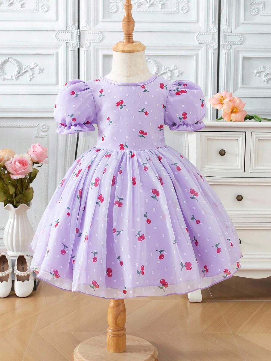 Young Girl Cherry Print Puff Sleeve Party Dress - Purple - View 1