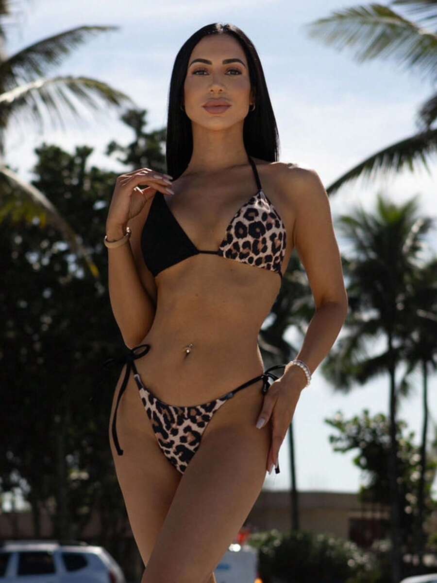 Carolina Barros 2pcs Women's 2025 Leopard Print Halter Tie Sexy Bikini Set Summer - Black - View 1